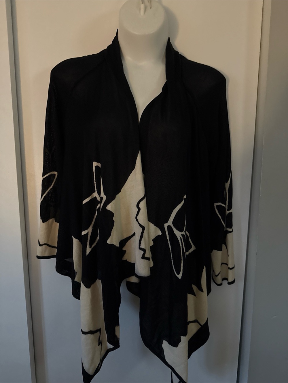 St John Open-Front Black and Cream Floral Knit Wrap Cardigan